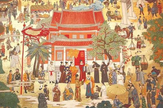 Thangka work depicting historical Quanzhou spotlighted
