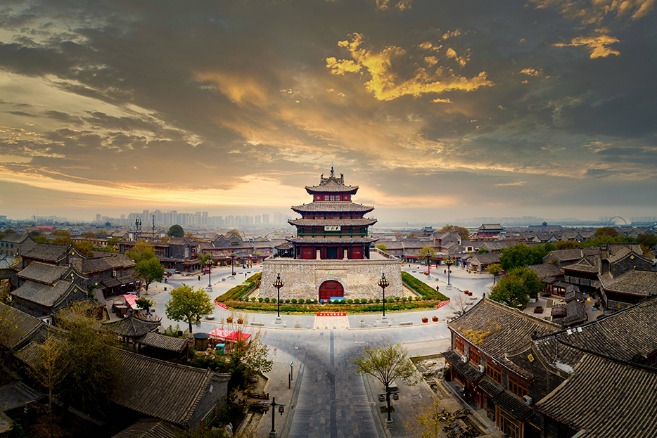 Aerial view of Guangyue Tower in golden light