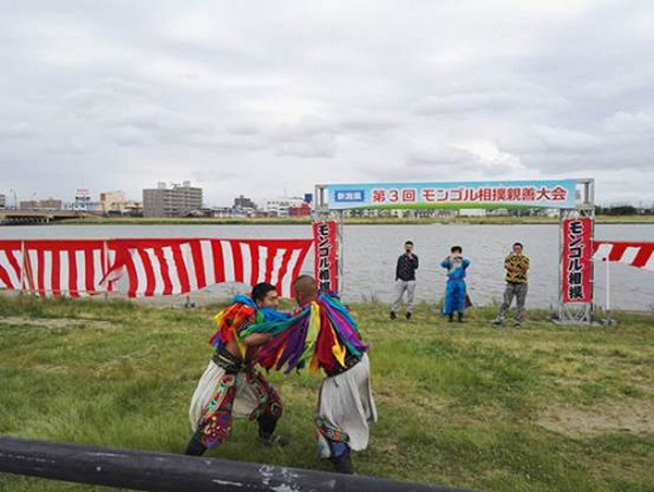 Mongolian wrestlers combat in Niigata