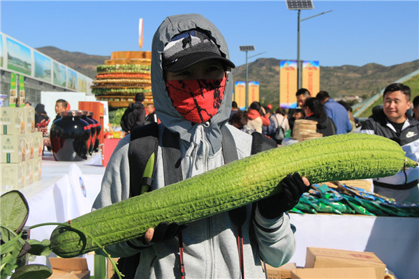 A visitor holds a sponge gourd at the Chinese Farmers' Harvest Festival held in Hohhot, Inner Mongolia autonomous region on Sept 21.jpg