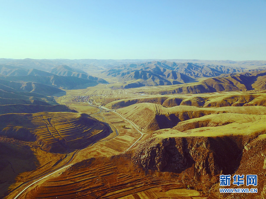 An aerial view of meander canyons in Ulaanqab