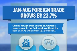 China's foreign trade grows by 23.7% in Jan-Aug