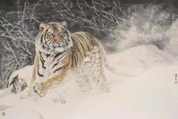 Tiger-themed paintings by Hohhot artist on display in Inner Mongolia