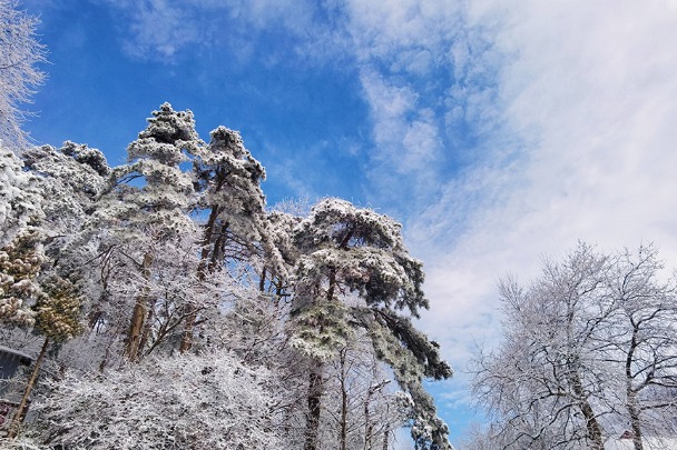Famed mountain presents charming scenery after snowfall