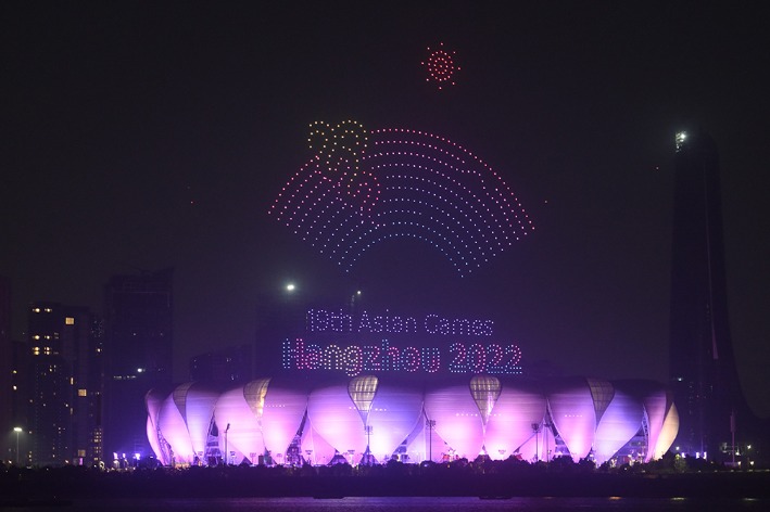 Unmanned drones celebrate New Year by creating sports images over Hangzhou sky