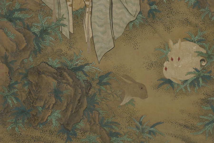Qing Dynasty painting portrays a lady with three rabbits