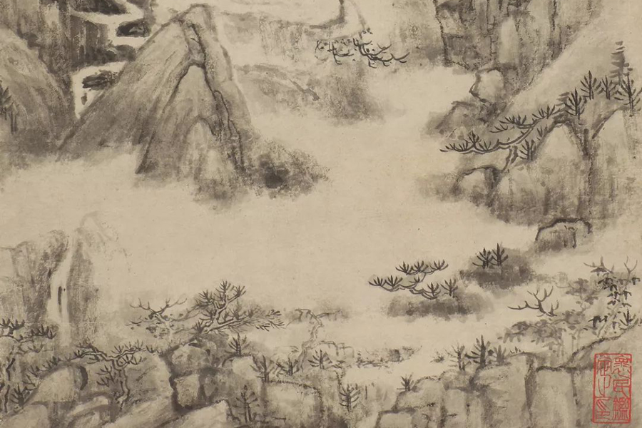Qing Dynasty painting portrays mountain shrouded by clouds