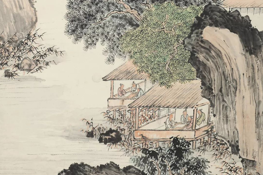 Ink and color painting depicts figures and landscape