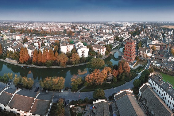 Aerial autumn view of Sanhe ancient town in Anhui