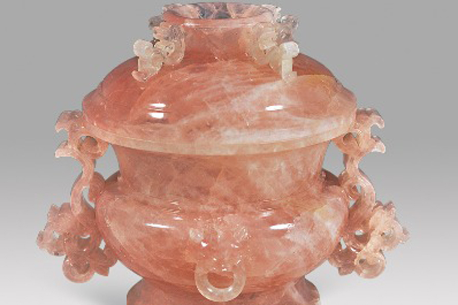 Rose quartz lidded incense burner with chi dragon-shaped ears
