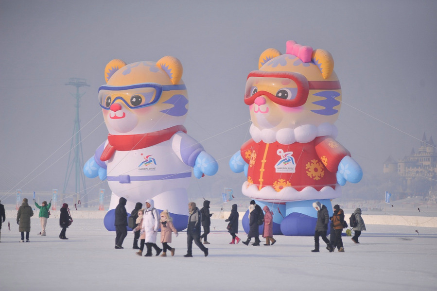 Tiger mascots for the 9th Asian Winter Games greet visitors in Harbin