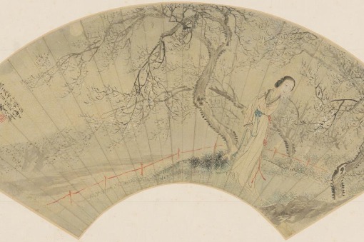Lady enjoys plum blossoms in 19th-century fan painting