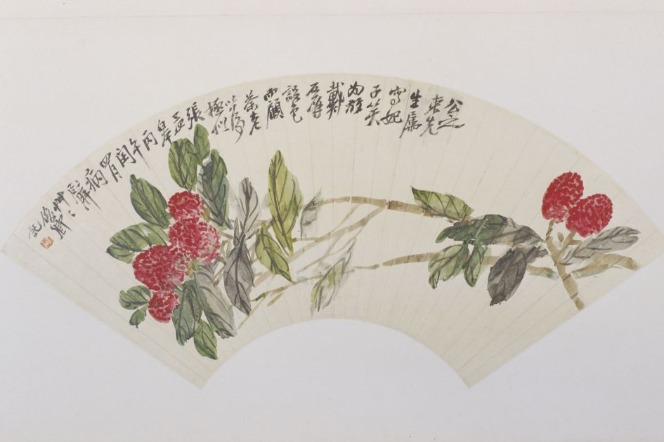 Early 20th century fan painting of lychee brings delightful breeze in summer