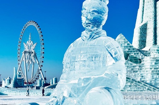 Ice terracotta warrior sculptures wow at Harbin Ice and Snow World