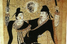 Ancient silk painting depicts Fuxi and Nüwa with intertwined snake tails