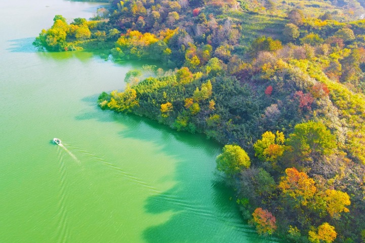 Colorful forests reflected on emerald waters in Anhui